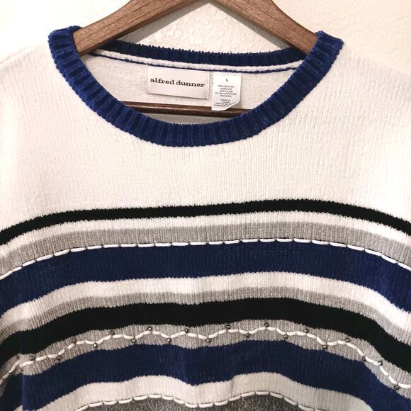 Alfred Dunner Chenille Stripe Beaded Sweater Sz L Blue White Black Gray Crewneck - Picture 2 of 11
